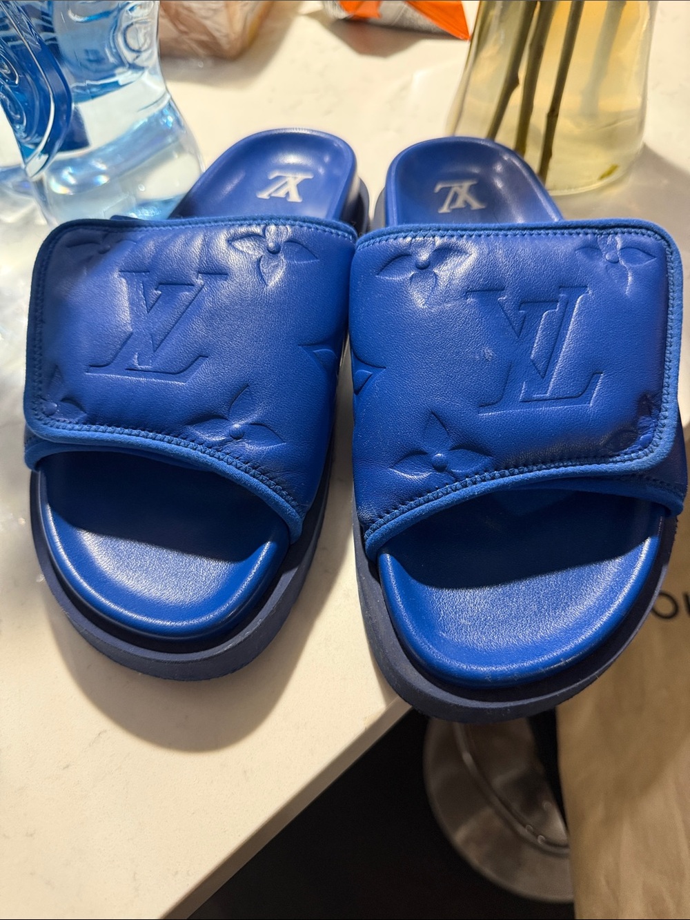 Louis Vuitton Cobalt Blue Embossed Monogram Slide Sandals - Picture 2 of 16